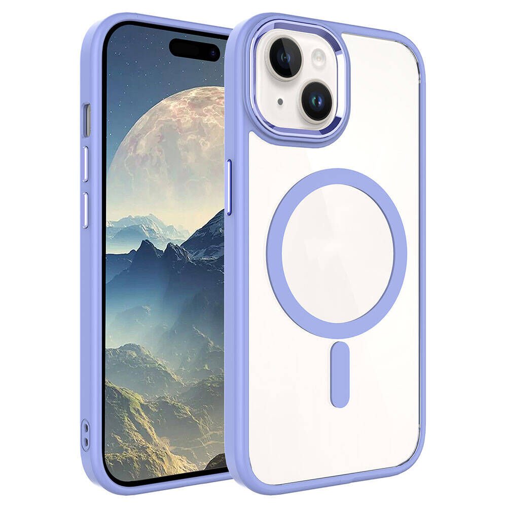 iPhone 15 Kılıf Wireless Şarj Özellikli Zore Krom M-safe Silikon Kılıf-Lila