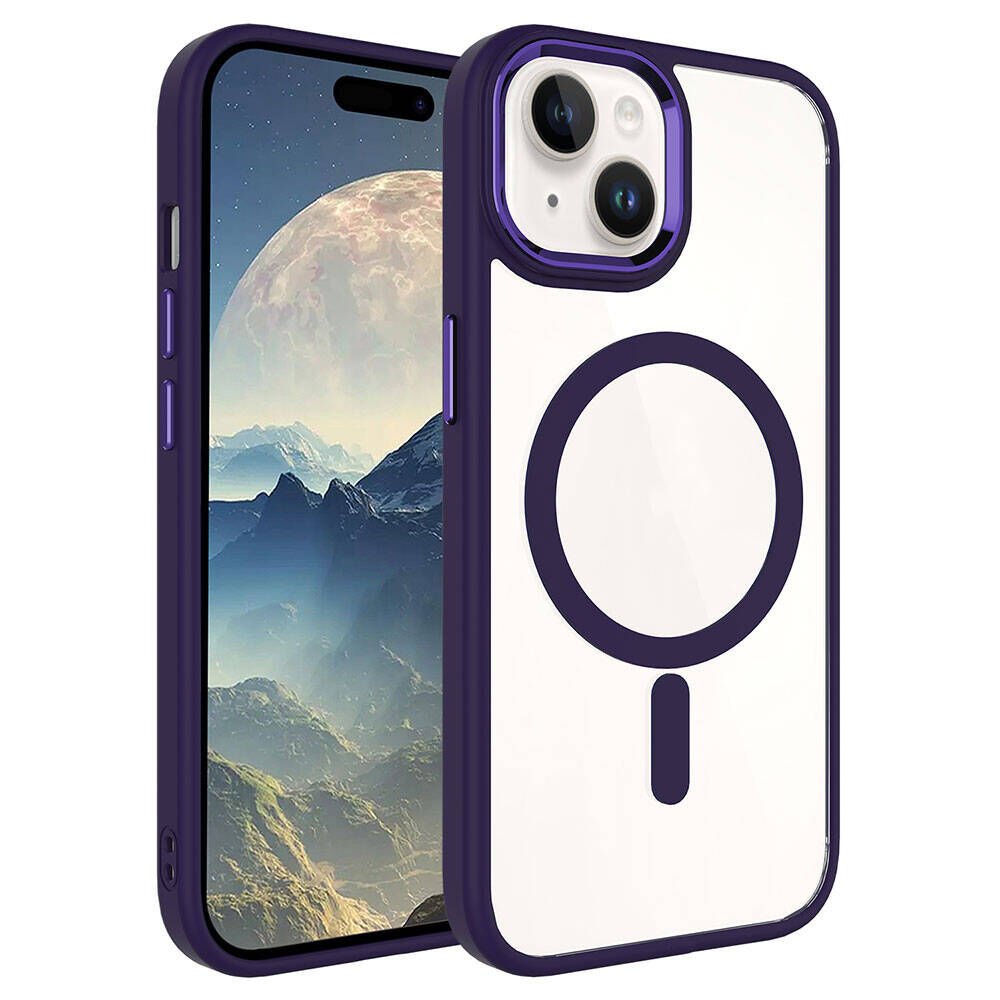 iPhone 15 Kılıf Wireless Şarj Özellikli Zore Krom M-safe Silikon Kılıf-Derin Mor