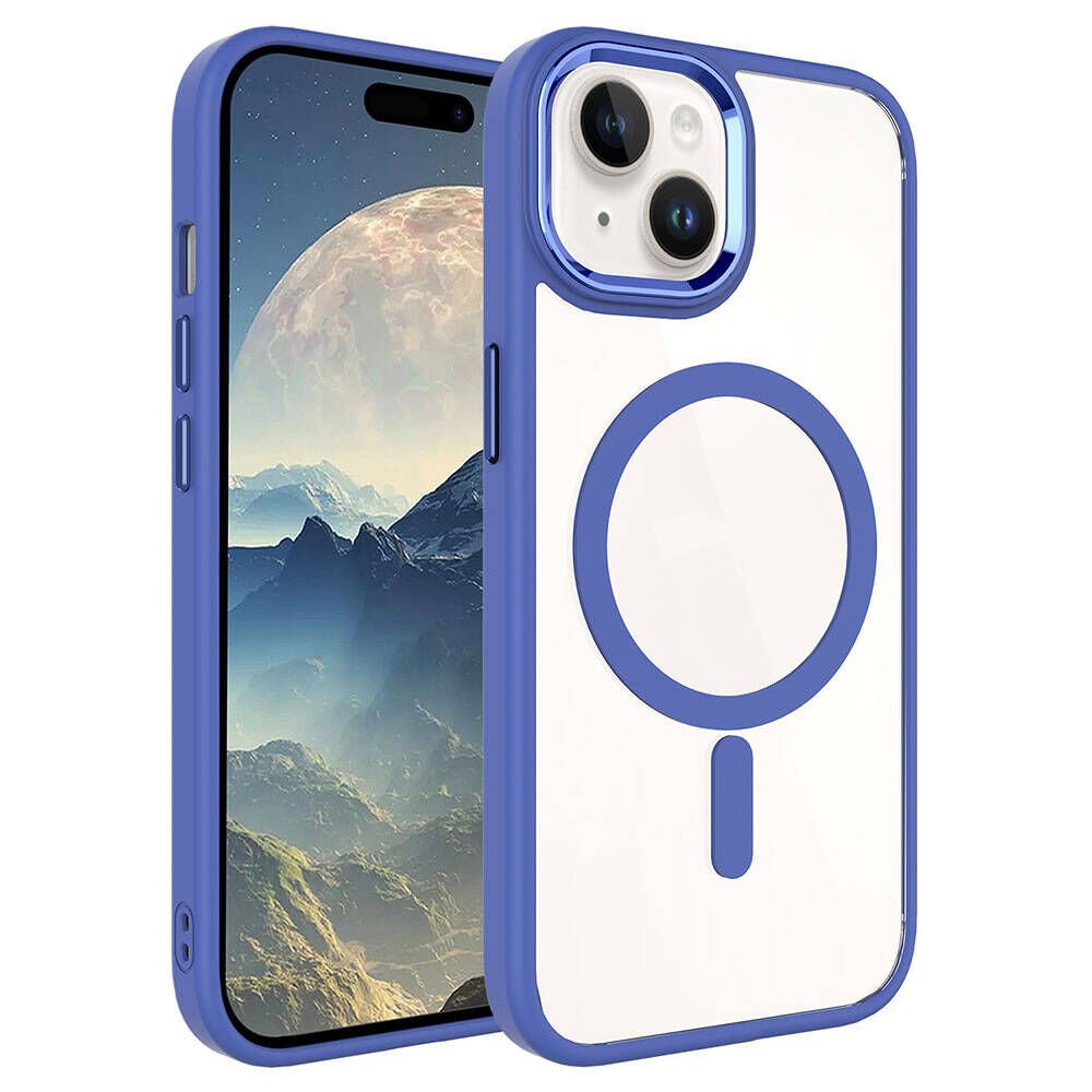 iPhone 15 Kılıf Wireless Şarj Özellikli Zore Krom M-safe Silikon Kılıf-Mavi