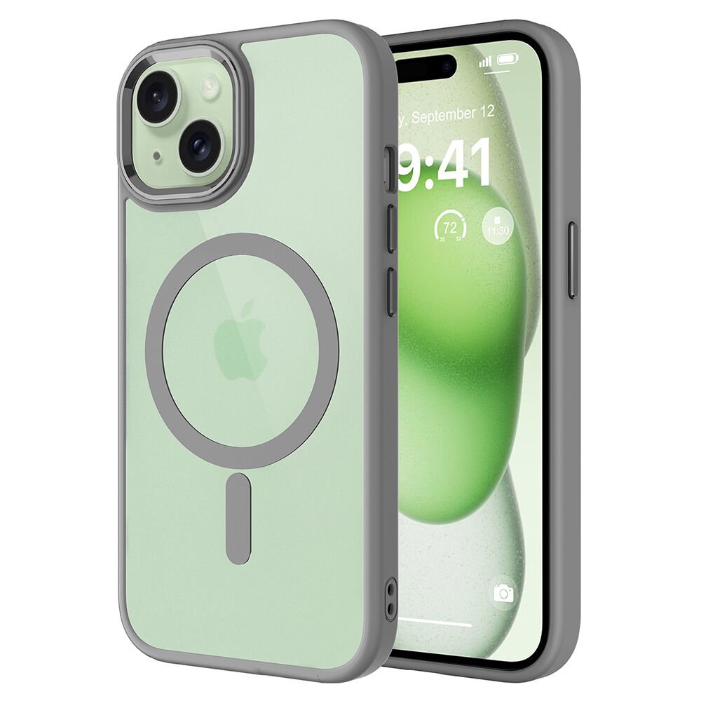 iPhone 15 Kılıf Wireless Şarj Özellikli Zore Krom M-safe Silikon Kılıf-Gri