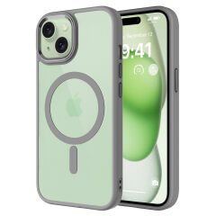 iPhone 15 Kılıf Wireless Şarj Özellikli Zore Krom M-safe Silikon Kılıf-Gri