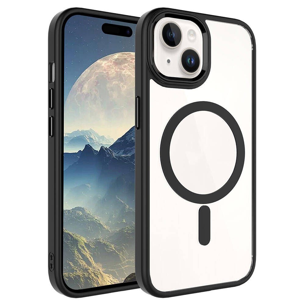 iPhone 15 Plus Kılıf Wireless Şarj Özellikli Zore Krom M-safe Silikon Kılıf-Siyah