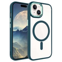 iPhone 15 Plus Kılıf Wireless Şarj Özellikli Zore Krom M-safe Silikon Kılıf-Koyu Yeşil