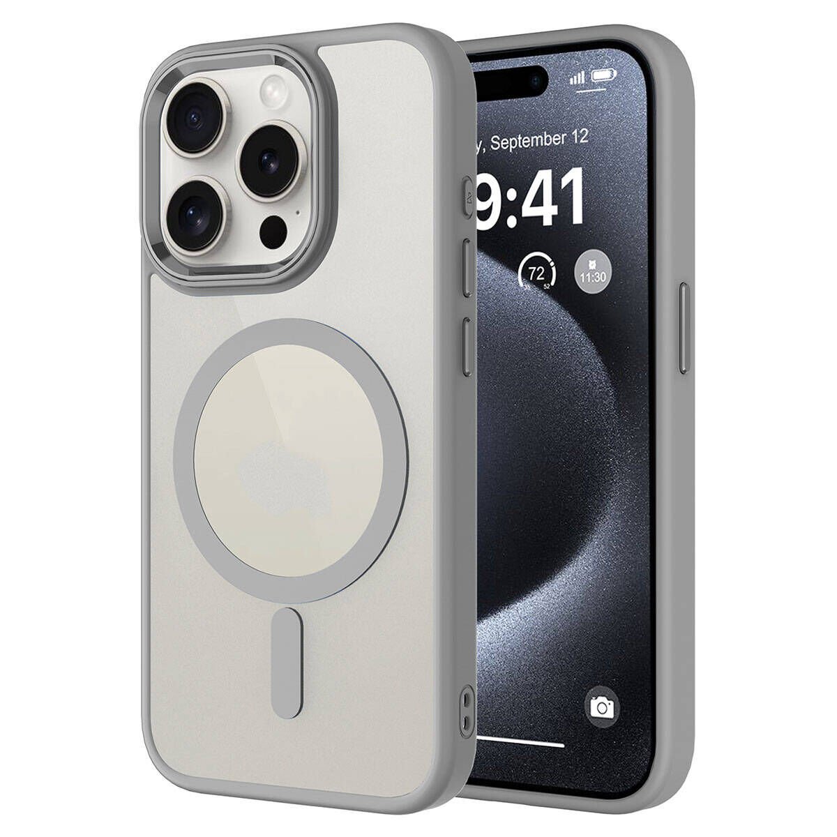 iPhone 15 Pro Max Kılıf Wireless Şarj Özellikli Zore Krom M-safe Silikon Kılıf-Gri