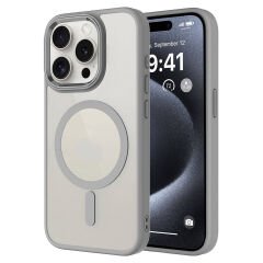 iPhone 15 Pro Max Kılıf Wireless Şarj Özellikli Zore Krom M-safe Silikon Kılıf-Gri
