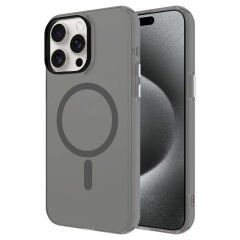 iPhone 15 Pro Max Kılıf Zore M-safe Şarj Özellikli Buzlu Transparan C-Pro Sert Kılıf-Koyu Gri