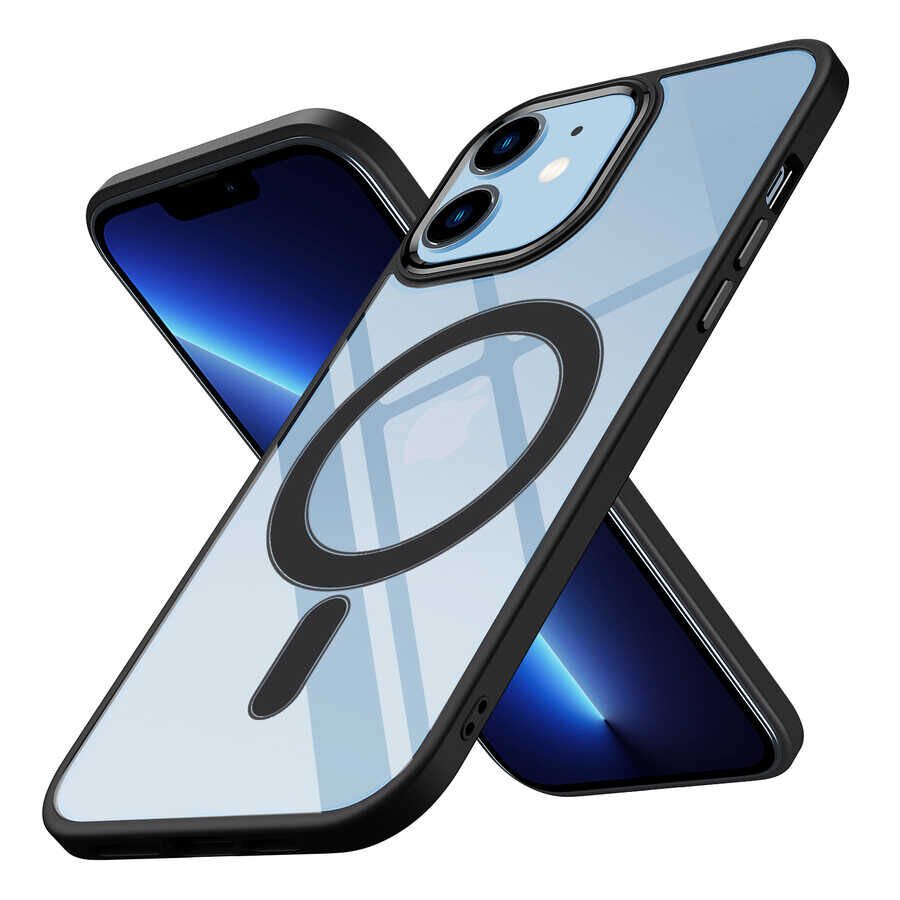 iPhone 12 Kılıf Wireless Şarj Özellikli Zore Krom M-safe Silikon Kılıf-Siyah