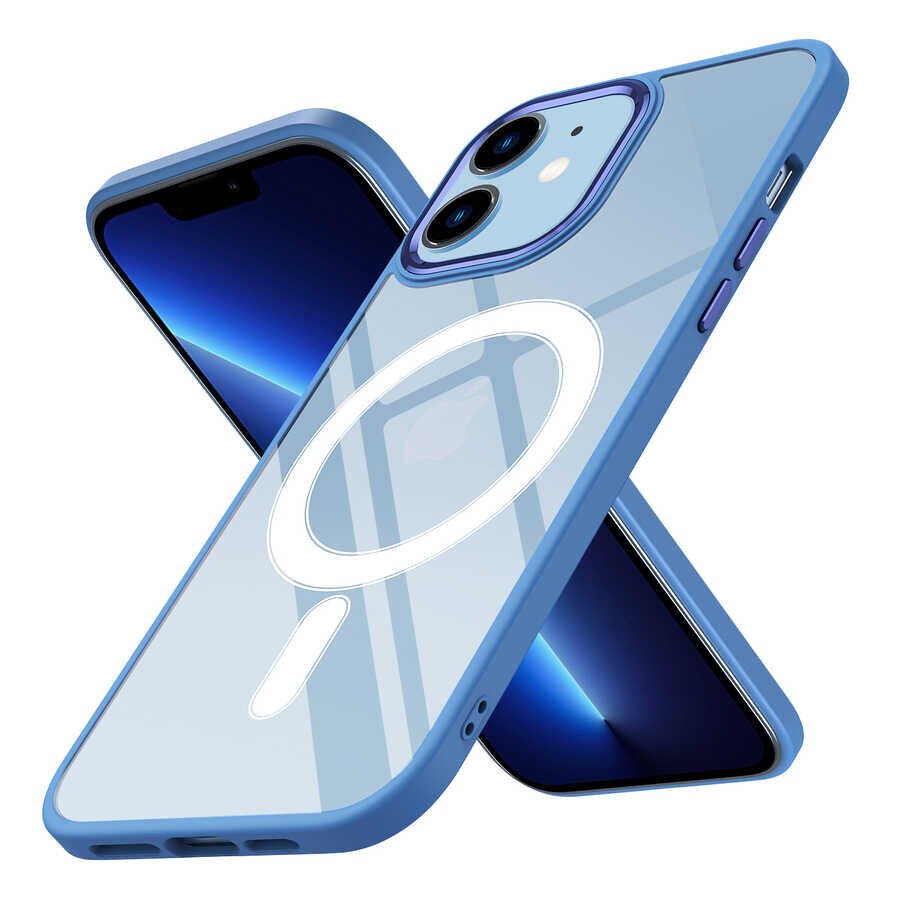 iPhone 12 Kılıf Wireless Şarj Özellikli Zore Krom M-safe Silikon Kılıf-Mavi