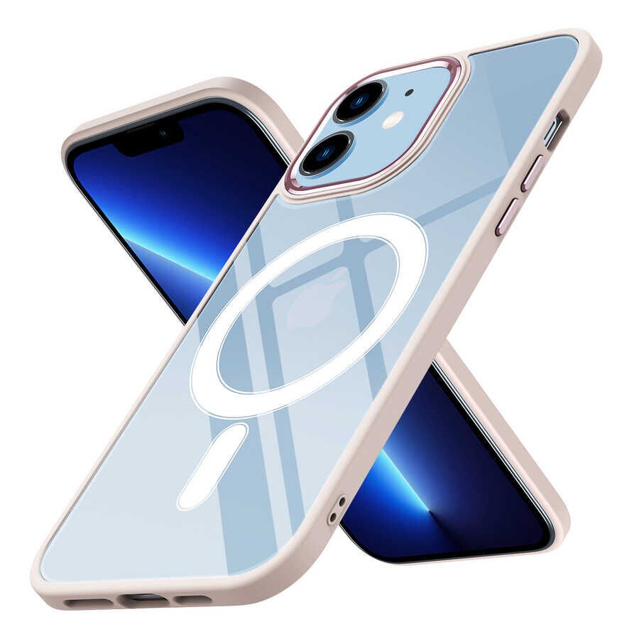 iPhone 12 Kılıf Wireless Şarj Özellikli Zore Krom M-safe Silikon Kılıf-Pembe Açık