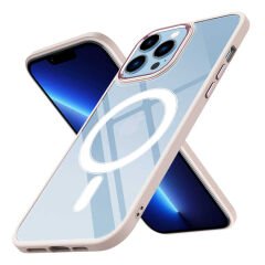 iPhone 12 Pro Kılıf Wireless Şarj Özellikli Zore Krom M-safe Silikon Kılıf-Pembe Açık