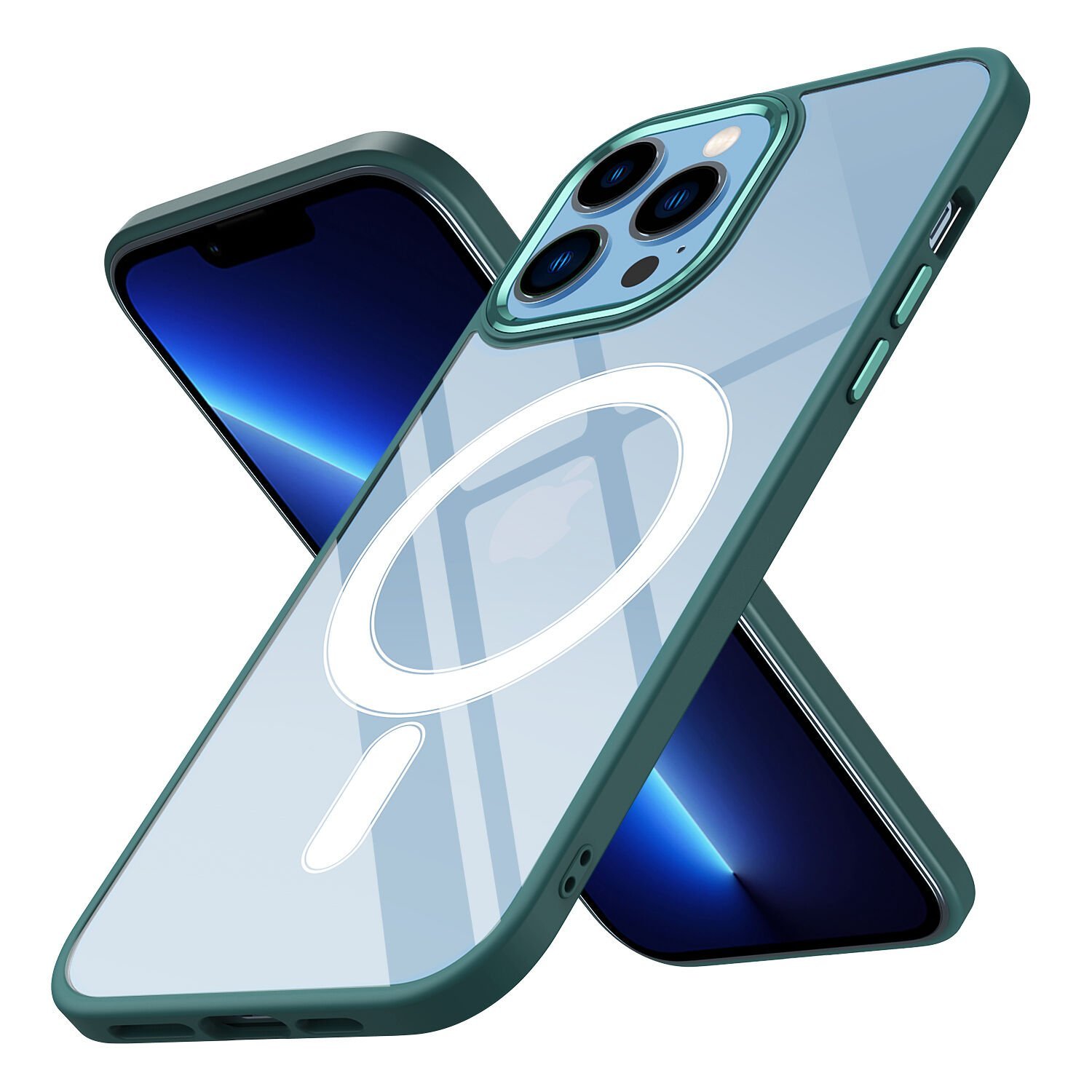 iPhone 12 Pro Kılıf Wireless Şarj Özellikli Zore Krom M-safe Silikon Kılıf-Koyu Yeşil