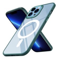 iPhone 12 Pro Kılıf Wireless Şarj Özellikli Zore Krom M-safe Silikon Kılıf-Koyu Yeşil