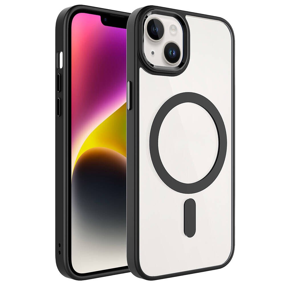 iPhone 13 Kılıf Wireless Şarj Özellikli Zore Krom M-safe Silikon Kılıf-Siyah