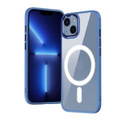 iPhone 13 Kılıf Wireless Şarj Özellikli Zore Krom M-safe Silikon Kılıf-Mavi