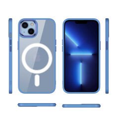 iPhone 13 Kılıf Wireless Şarj Özellikli Zore Krom M-safe Silikon Kılıf-Mavi