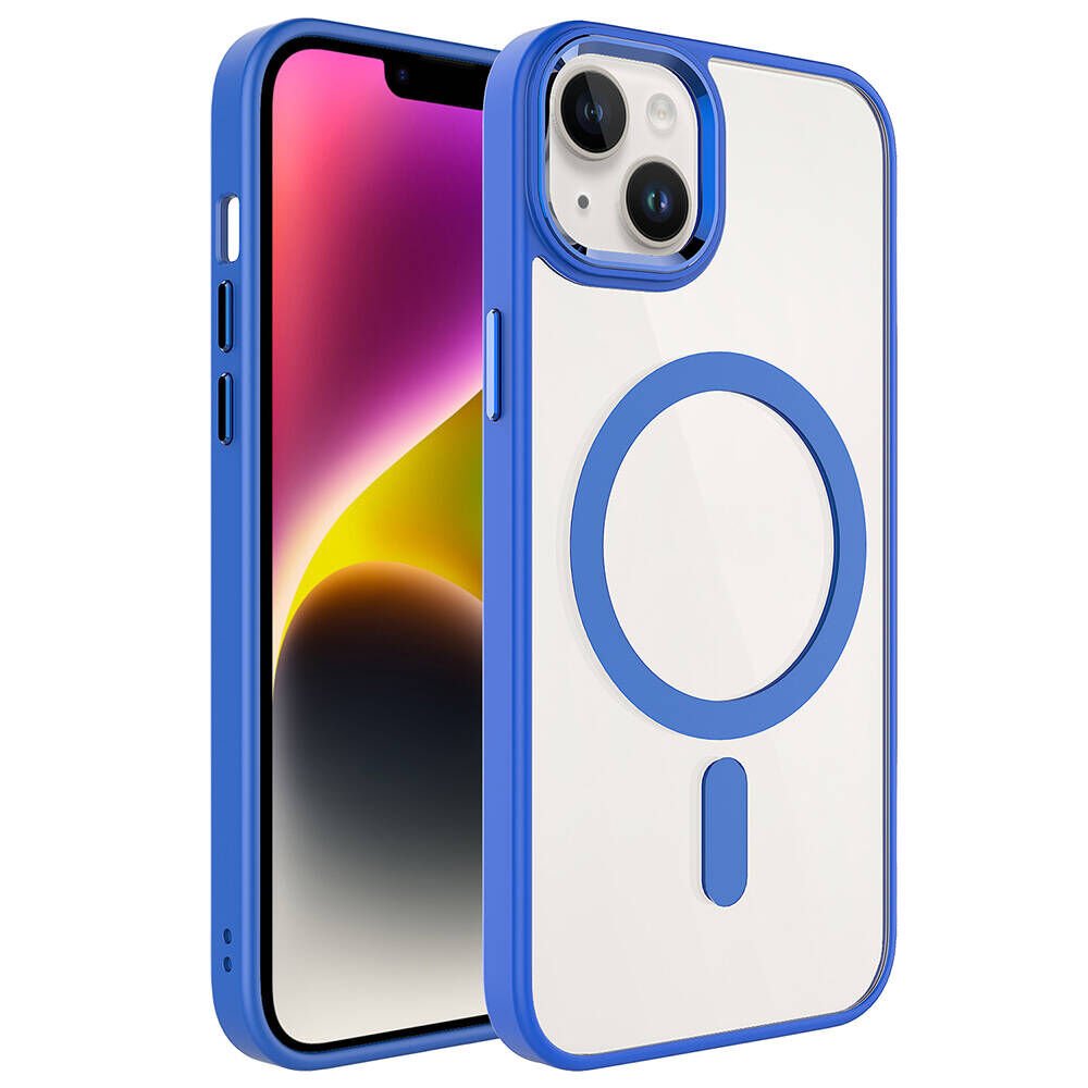 iPhone 13 Kılıf Wireless Şarj Özellikli Zore Krom M-safe Silikon Kılıf-Mavi