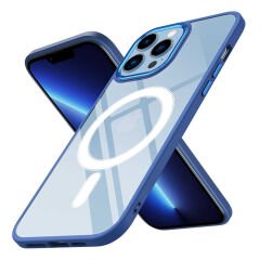 iPhone 13 Pro Kılıf Wireless Şarj Özellikli Zore Krom M-safe Silikon Kılıf-Mavi