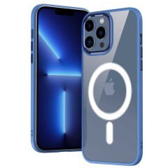 iPhone 13 Pro Kılıf Wireless Şarj Özellikli Zore Krom M-safe Silikon Kılıf-Mavi