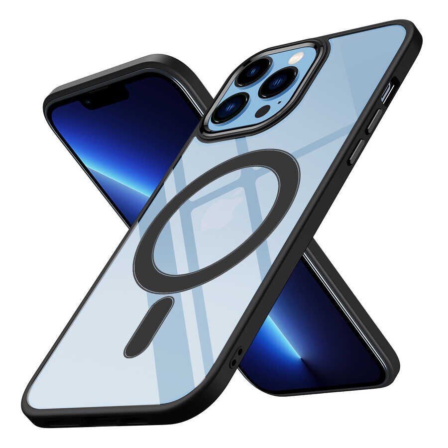 iPhone 13 Pro Max Kılıf Wireless Şarj Özellikli Zore Krom M-safe Silikon Kılıf-Siyah