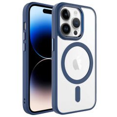 iPhone 14 Pro Kılıf Wireless Şarj Özellikli Zore Krom M-safe Silikon Kılıf-Lacivert