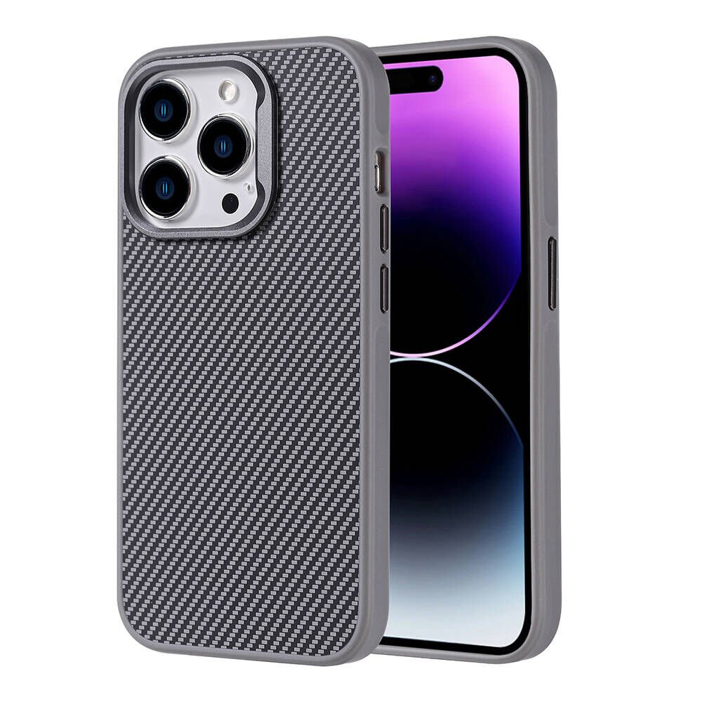 iPhone 14 Pro Max Kılıf M-safe Şarj Özellikli Karbon Fiber Görünümlü Zore Troy Kılıf-Gümüş