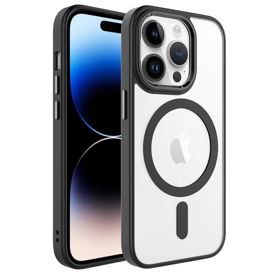 iPhone 14 Pro Kılıf Wireless Şarj Özellikli Zore Krom M-safe Silikon Kılıf-Siyah