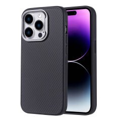 iPhone 15 Pro Max Kılıf M-safe Şarj Özellikli Karbon Fiber Görünümlü Zore Troy Kılıf-Siyah