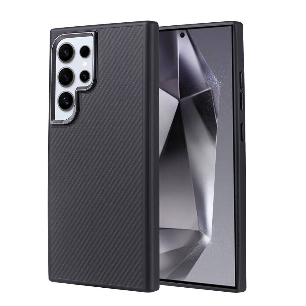 Galaxy S24 Ultra Kılıf M-safe Şarj Özellikli Karbon Fiber Görünümlü Zore Troy Kılıf-Siyah