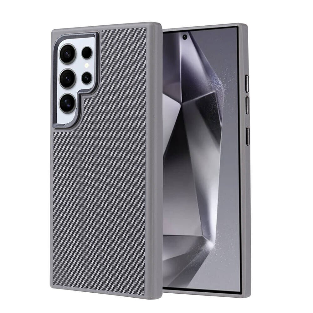 Galaxy S24 Ultra Kılıf M-safe Şarj Özellikli Karbon Fiber Görünümlü Zore Troy Kılıf-Gümüş