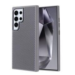 Galaxy S24 Ultra Kılıf M-safe Şarj Özellikli Karbon Fiber Görünümlü Zore Troy Kılıf-Gümüş