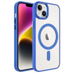 iPhone 14 Plus Kılıf Wireless Şarj Özellikli Zore Krom M-safe Silikon Kılıf-Mavi