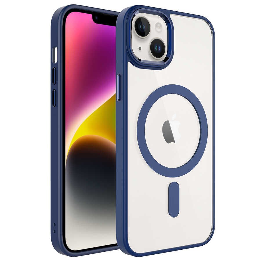 iPhone 14 Plus Kılıf Wireless Şarj Özellikli Zore Krom M-safe Silikon Kılıf-Lacivert