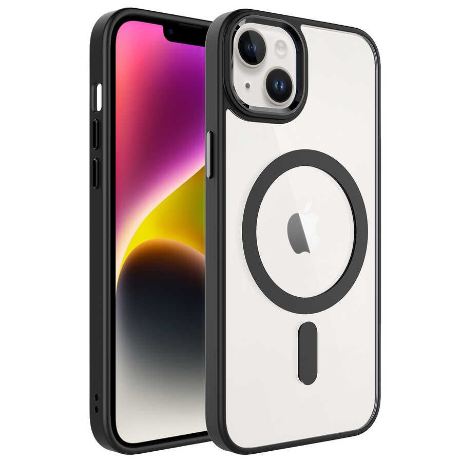 iPhone 14 Plus Kılıf Wireless Şarj Özellikli Zore Krom M-safe Silikon Kılıf-Siyah