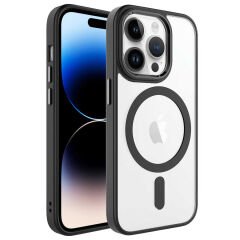 iPhone 14 Pro Max Kılıf Wireless Şarj Özellikli Zore Krom M-safe Silikon Kılıf-Siyah