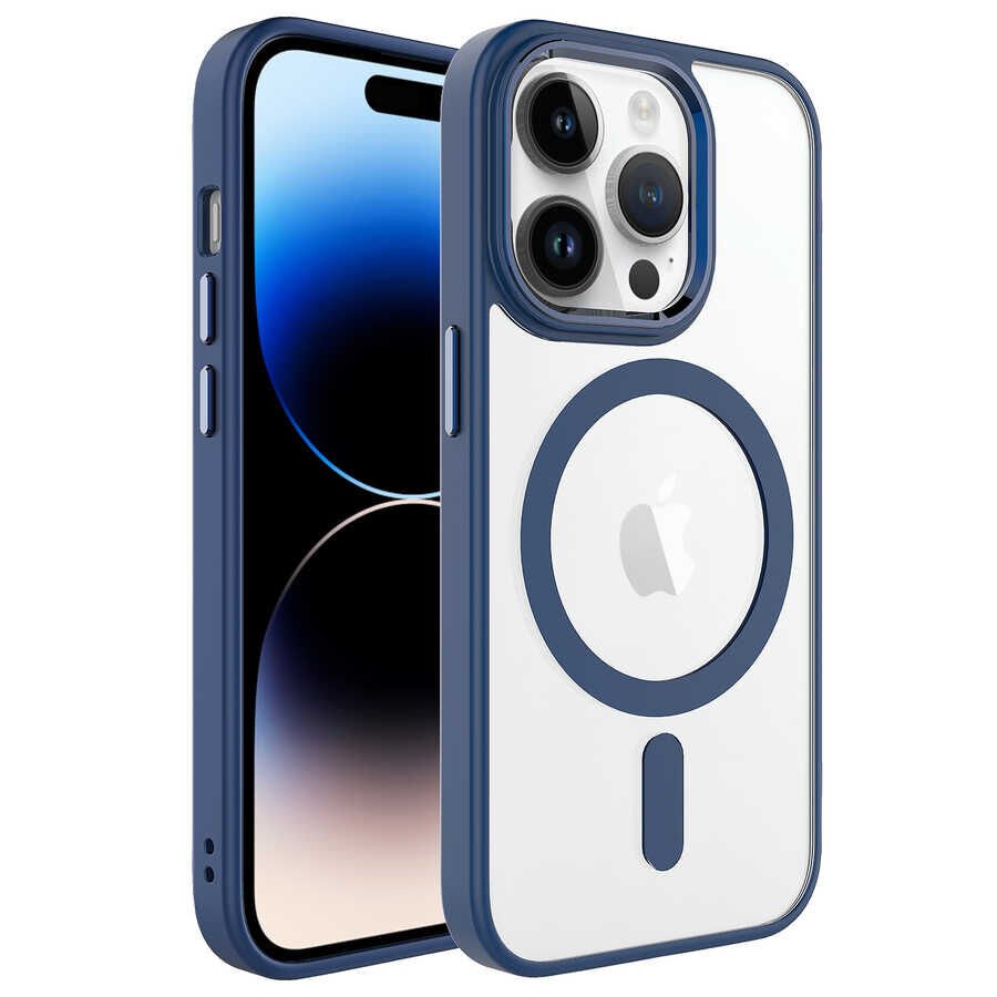 iPhone 14 Pro Max Kılıf Wireless Şarj Özellikli Zore Krom M-safe Silikon Kılıf-Lacivert