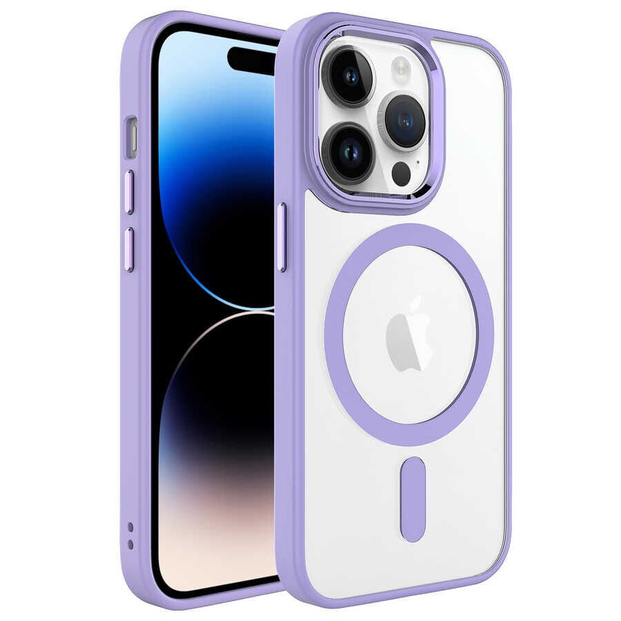 iPhone 14 Pro Max Kılıf Wireless Şarj Özellikli Zore Krom M-safe Silikon Kılıf-Lila