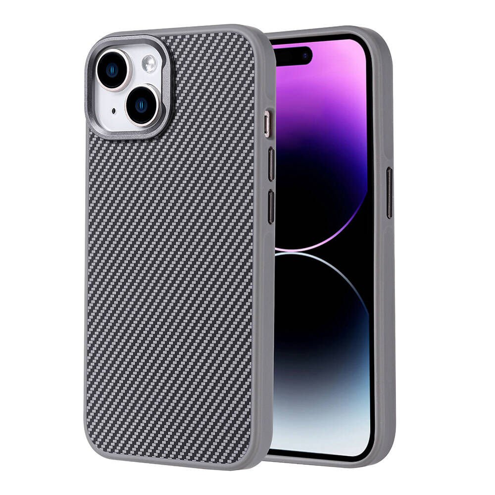 iPhone 15 Kılıf M-safe Şarj Özellikli Karbon Fiber Görünümlü Zore Troy Kılıf-Gümüş