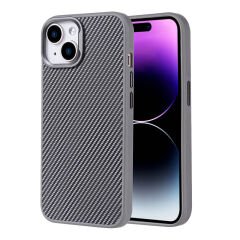 iPhone 15 Kılıf M-safe Şarj Özellikli Karbon Fiber Görünümlü Zore Troy Kılıf-Gümüş