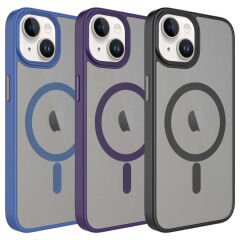 iPhone 14 Kılıf Mat Arka Yüzey Wireless Şarj Özellikli Zore Flet M-safe Kılıf-Mavi