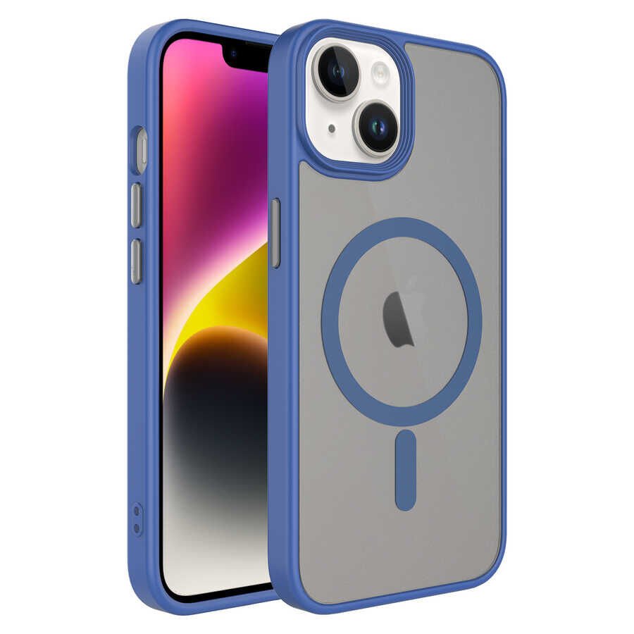 iPhone 14 Kılıf Mat Arka Yüzey Wireless Şarj Özellikli Zore Flet M-safe Kılıf-Mavi