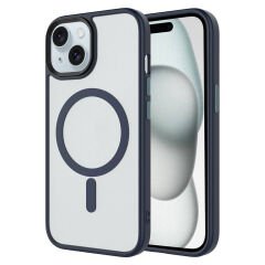 iPhone 14 Kılıf Mat Arka Yüzey Wireless Şarj Özellikli Zore Flet M-safe Kılıf-Lacivert