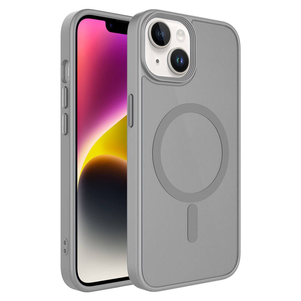 iPhone 14 Kılıf Mat Arka Yüzey Wireless Şarj Özellikli Zore Flet M-safe Kılıf-Gri