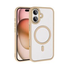 iPhone 16 Kılıf Wireless Şarj Özellikli Zore Krom M-safe Silikon Kılıf-Gold