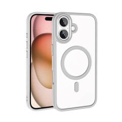 iPhone 16 Plus Kılıf Wireless Şarj Özellikli Zore Krom M-safe Silikon Kılıf-Gümüş