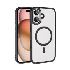 iPhone 16 Plus Kılıf Wireless Şarj Özellikli Zore Krom M-safe Silikon Kılıf-Siyah
