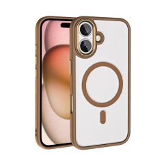 iPhone 16 Plus Kılıf Wireless Şarj Özellikli Zore Krom M-safe Silikon Kılıf-Rose Brown