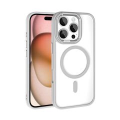 iPhone 16 Pro Kılıf Wireless Şarj Özellikli Zore Krom M-safe Silikon Kılıf-Gümüş