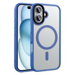 iPhone 16 Plus Kılıf Mat Arka Yüzey Wireless Şarj Özellikli Zore Flet M-safe Kılıf-Mavi