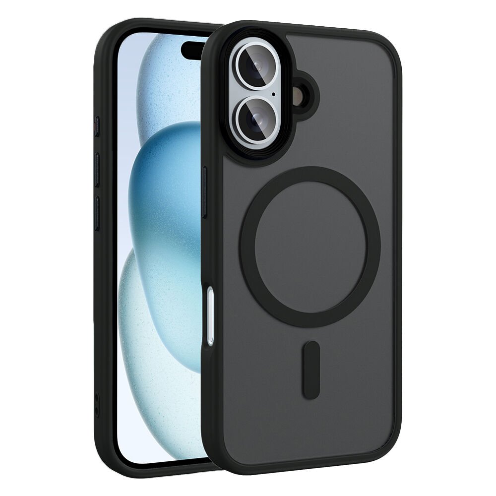 iPhone 16 Plus Kılıf Mat Arka Yüzey Wireless Şarj Özellikli Zore Flet M-safe Kılıf-Siyah