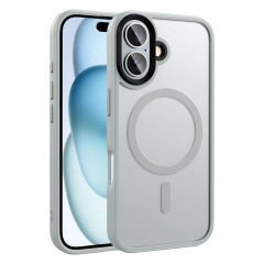 iPhone 16 Plus Kılıf Mat Arka Yüzey Wireless Şarj Özellikli Zore Flet M-safe Kılıf-Gümüş